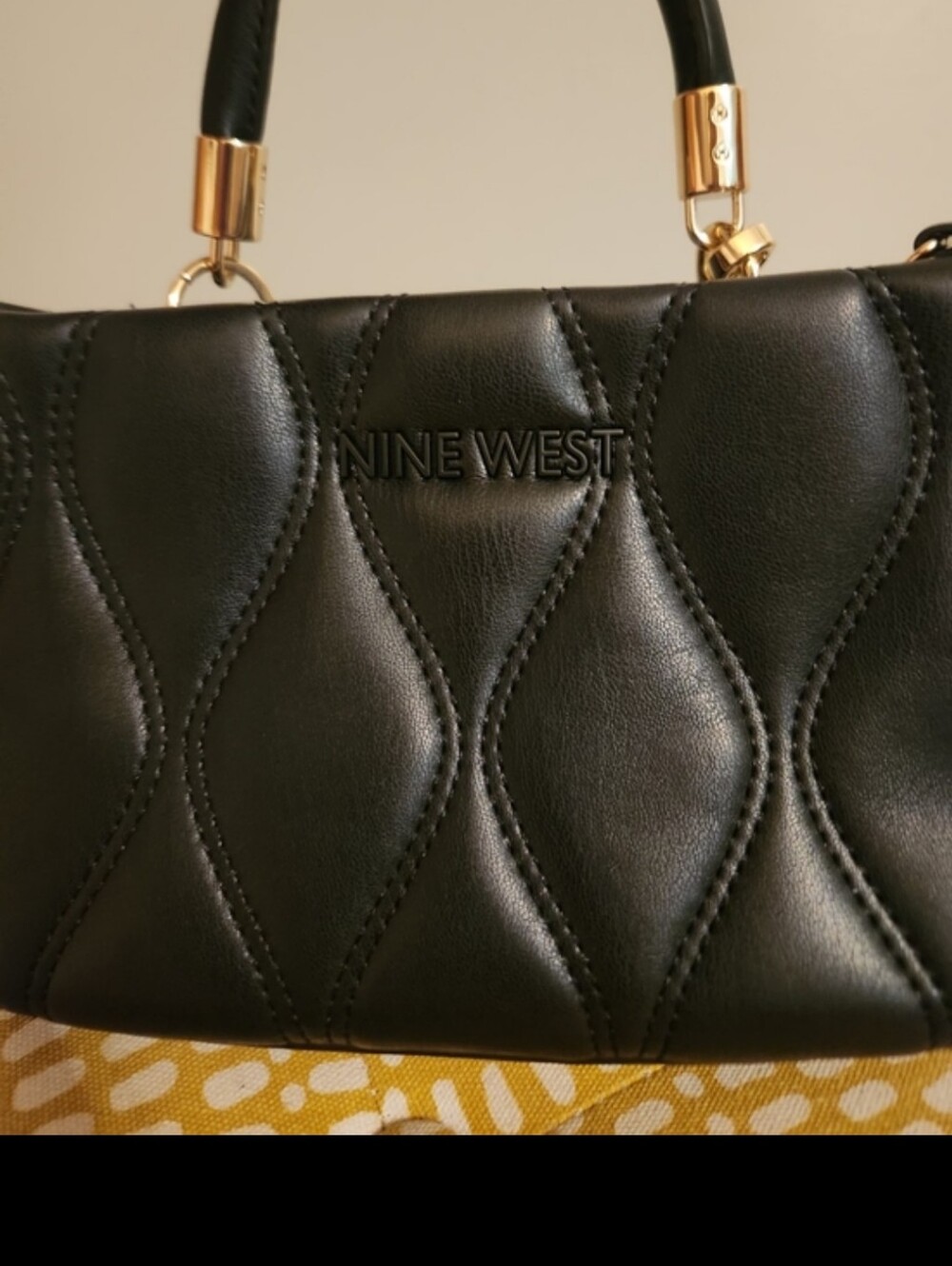 Small Nine West Black Quilted Faux-Leather Top-Handle Satchel with Gold Hardware
